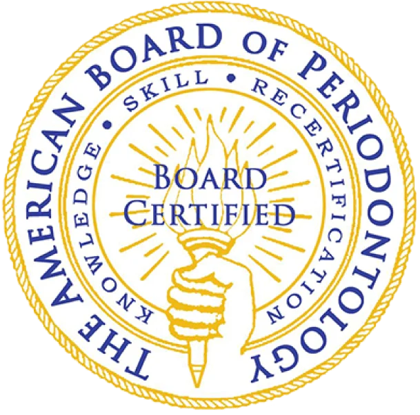 Seal of the American Board of Periodontology featuring a torch, symbolizing board certification in periodontal care, emphasizing skill and knowledge in dentistry.