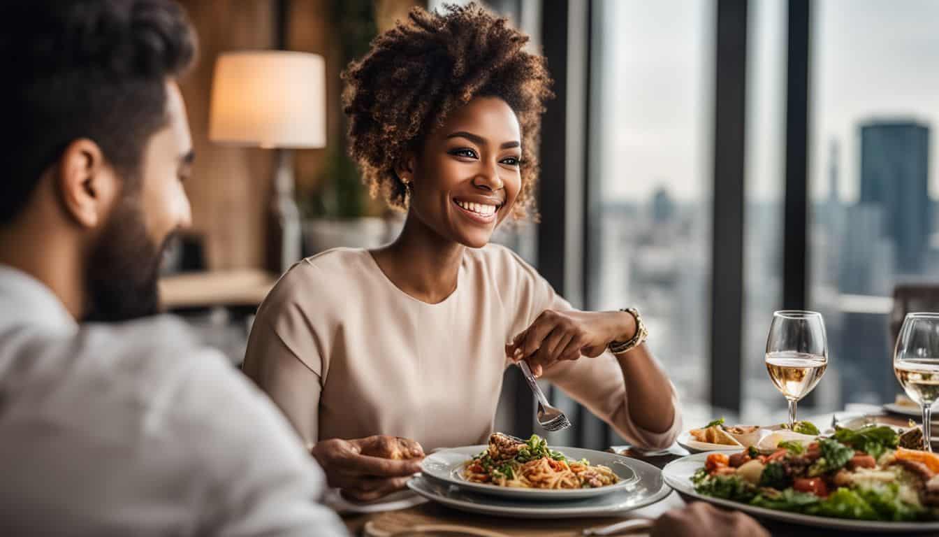 A person with dental implants smiling confidently while enjoying a meal.