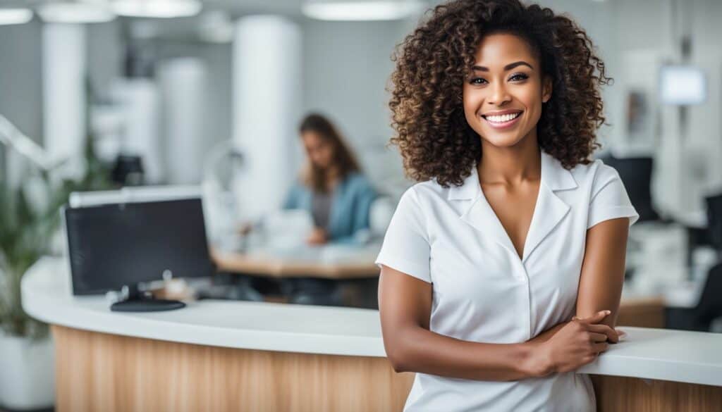 Smiling dental professional in a white coat at a modern dental office reception, symbolizing patient care and dental health services.