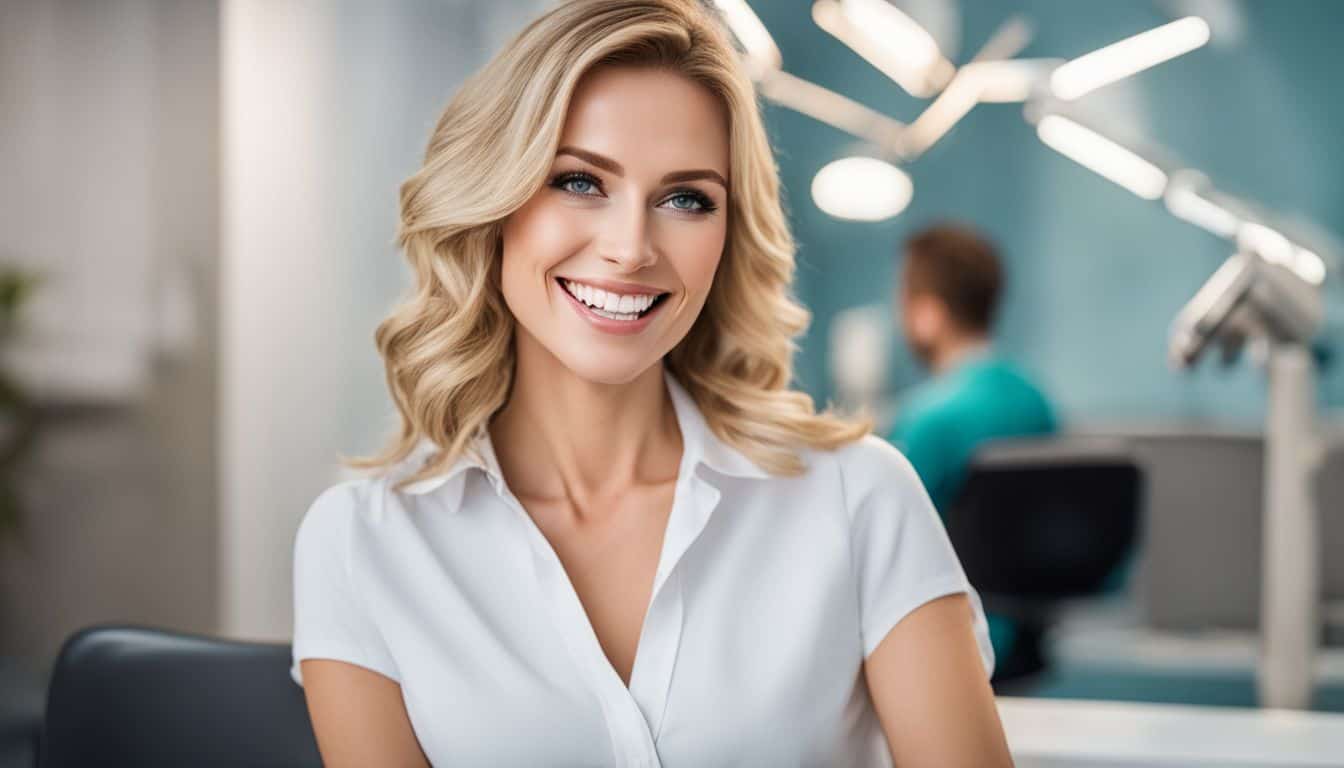 A person smiling confidently with dental implants in a modern dental office.