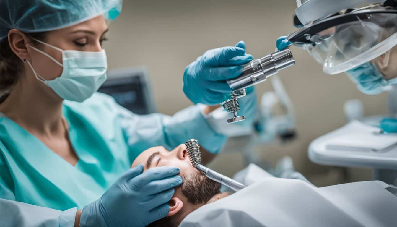A dental implant post being placed in a sterile surgery room.