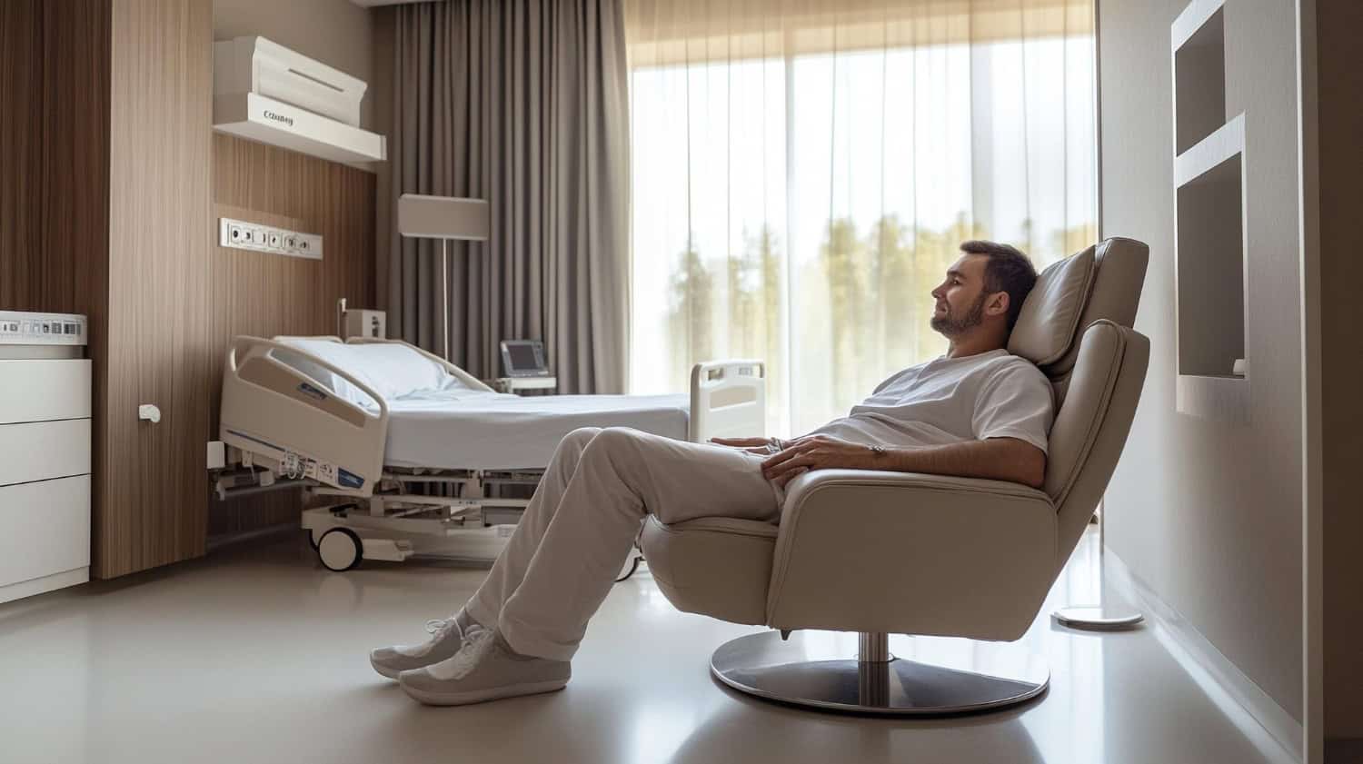 Patient resting in a comfortable chair during recovery after oral surgery.