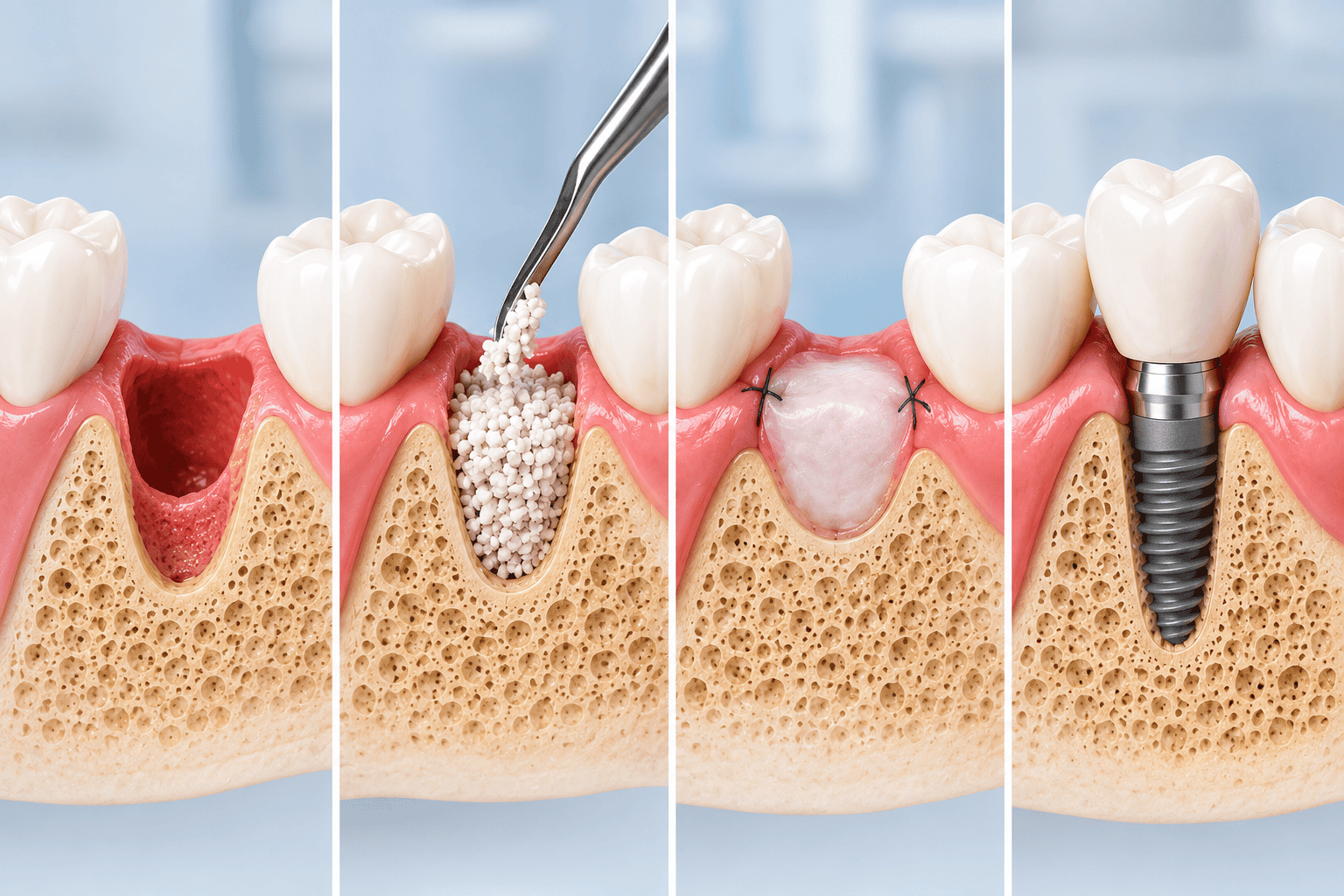 Bone graft dental implant process showing graft material placed in the socket, healing tissue, and final implant placement.
