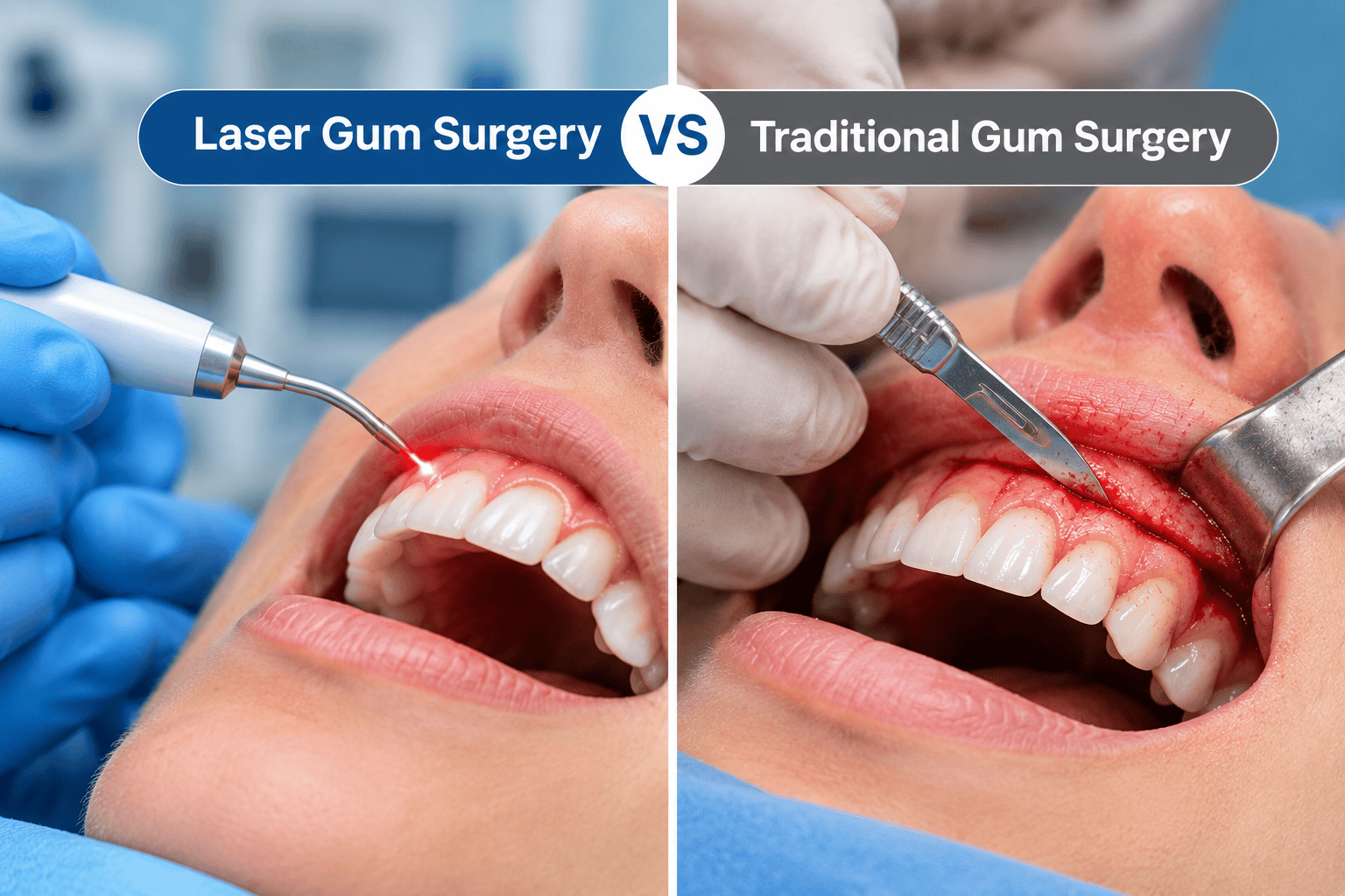 Laser gum surgery compared with traditional gum surgery in a dental treatment setting.