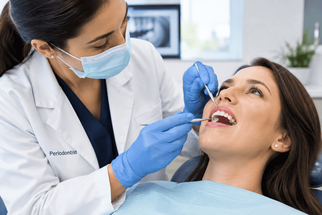 Periodontist examining patient gums during a dental checkup for gum disease symptoms and periodontal care.