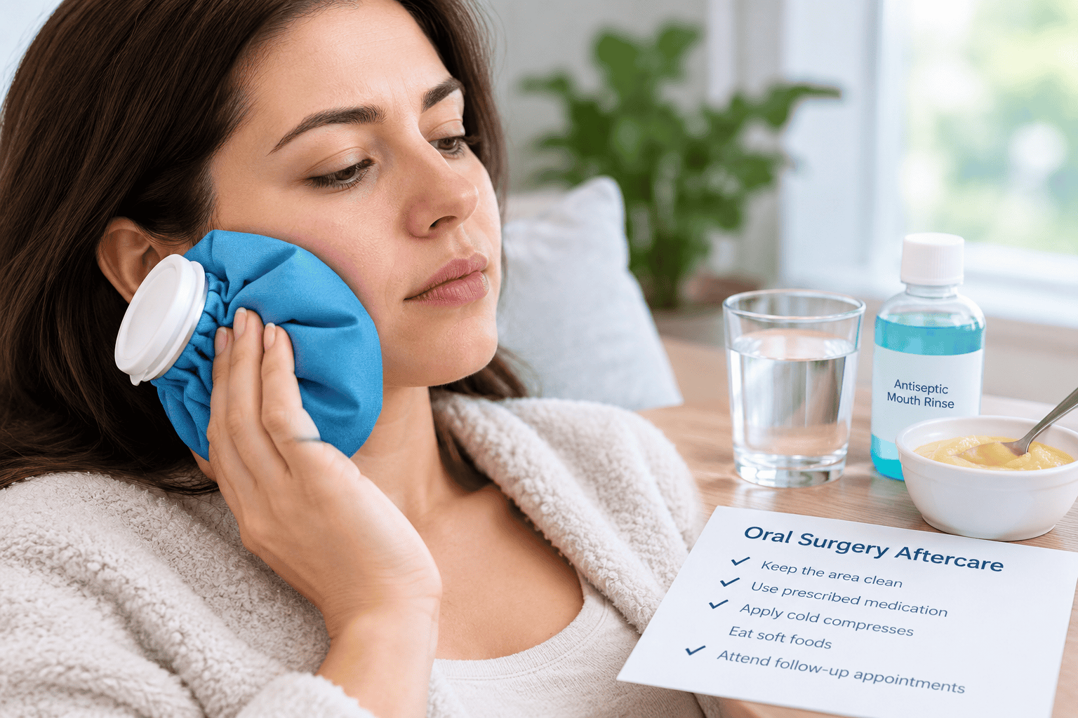 Oral surgery aftercare with ice pack, soft foods, and dental recovery supplies following periodontal surgery.