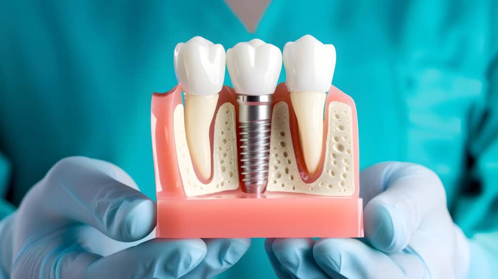Dental bone graft before dental implants showing implant placed in the jawbone and surrounding gum tissue.