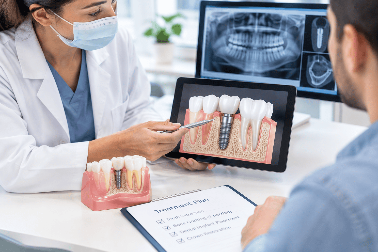 Dental implant treatment planning with a dentist explaining implant placement using a dental model and X-ray.
